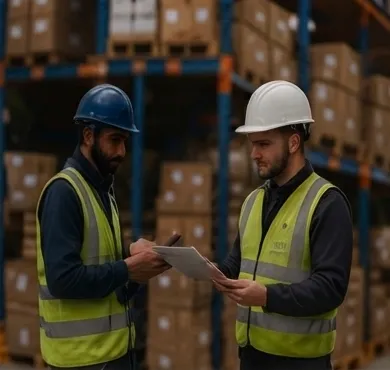 Técnicos revisando equipos industriales en bodega