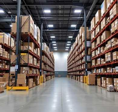 Centro de distribución con estanterías industriales para almacenamiento